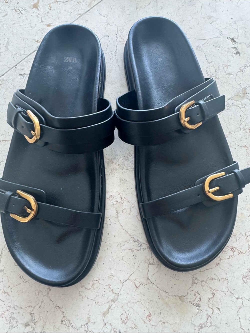 Zara Black Double-Strap Slide Sandals with Gold Buckles
